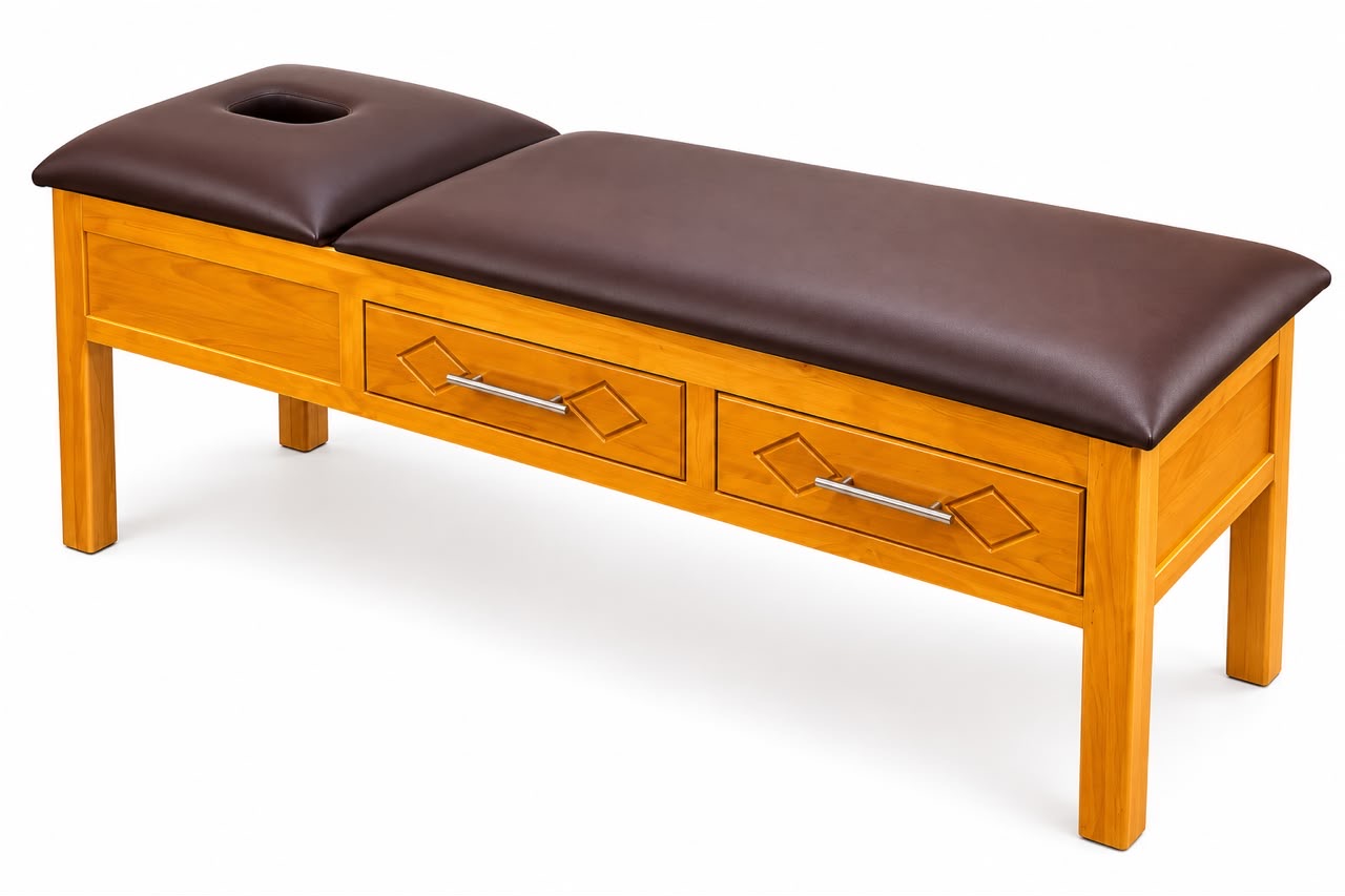 Table de massage en bois avec tiroirs et trou facial