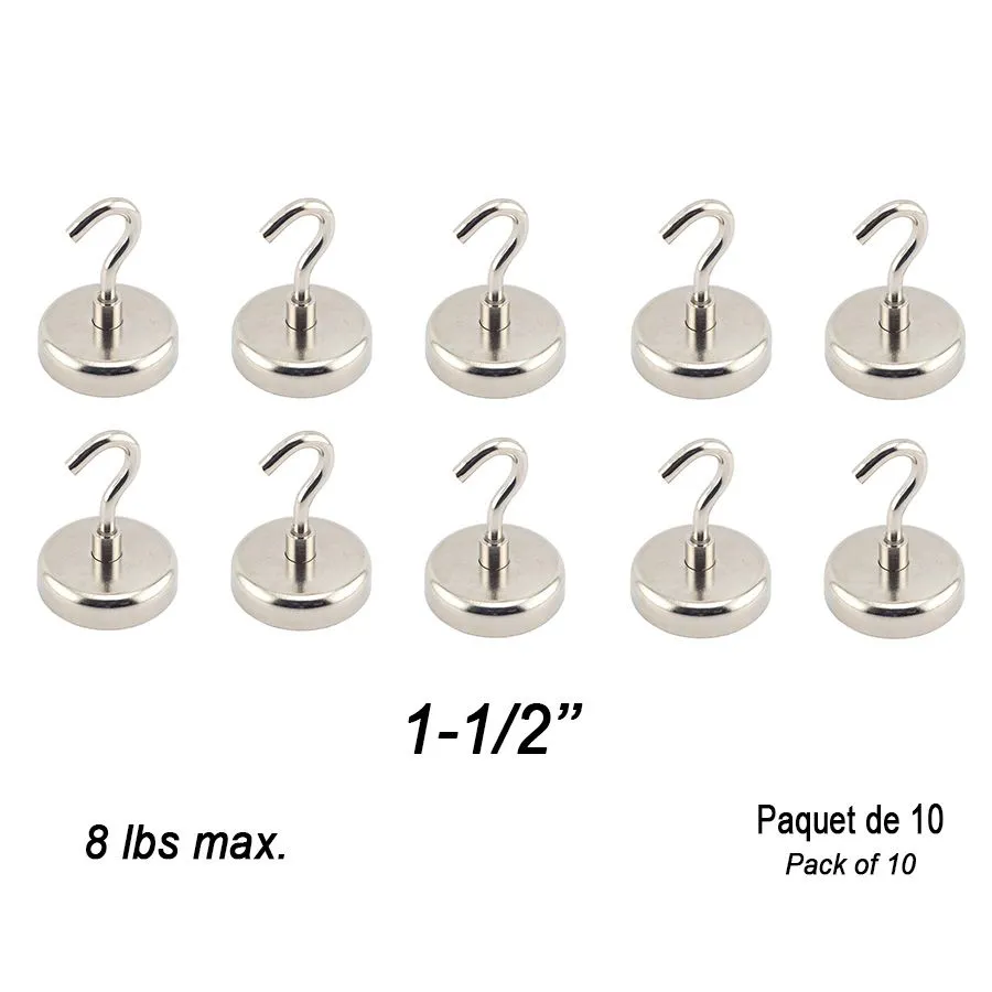 1-1/2 in Magnetic Utility Hooks - 8 lb Capacity - Pack of 10