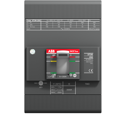 ABB - Switch XT3N, Icu (415V) 36kA, 250A- TMD term.tico thermostat with adjustable thermal threshold and fixed magnetic 250-2500 3-pole fixed with front terminals.