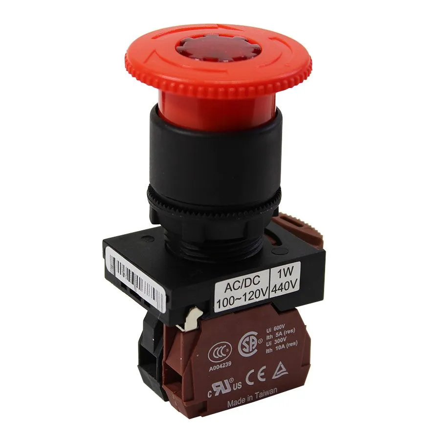 NHD - Illuminated Push Button Switch ″Turn to Release″ - Mushroom Head - N.C. - Red