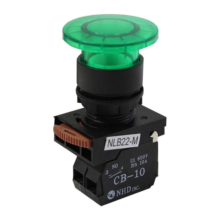 NHD - Momentary Push Button - Mushroom Head - Illuminated - Green